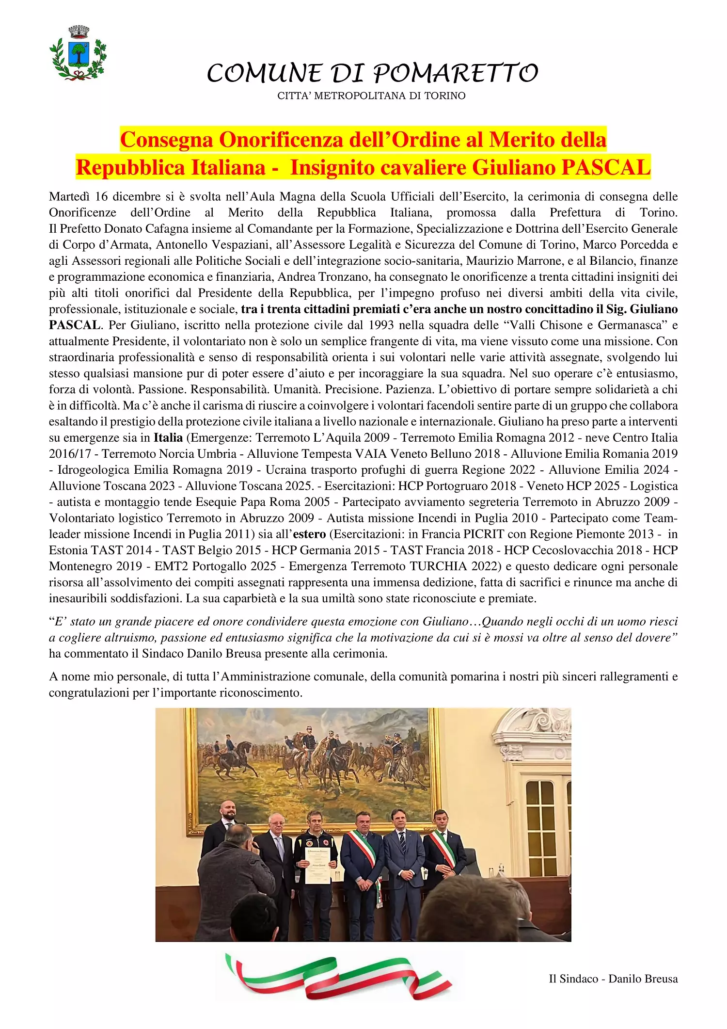 Consegna Onorificenza