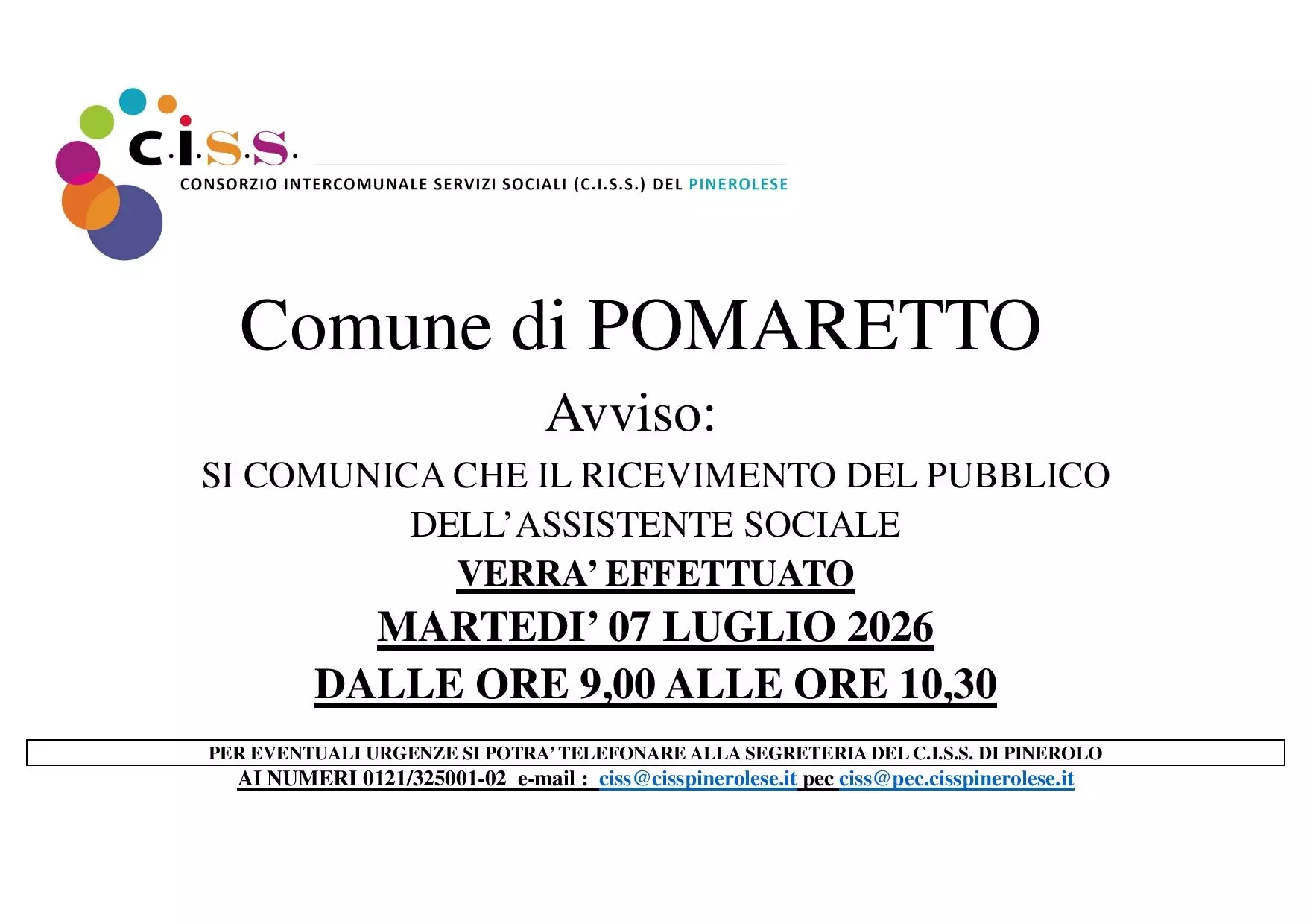 ricevimento martedì 7 luglio