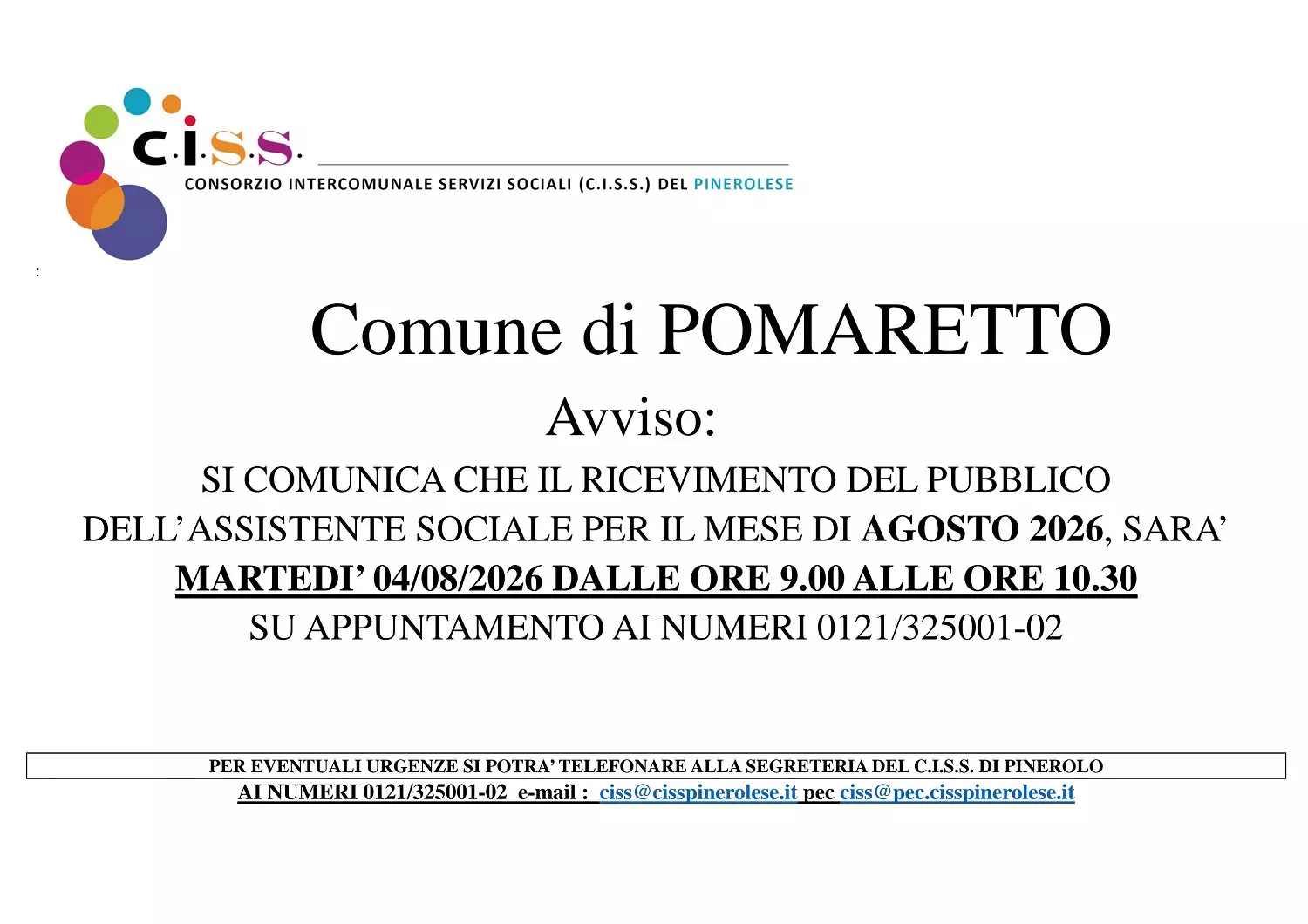 ricevimento martedì 4 agosto